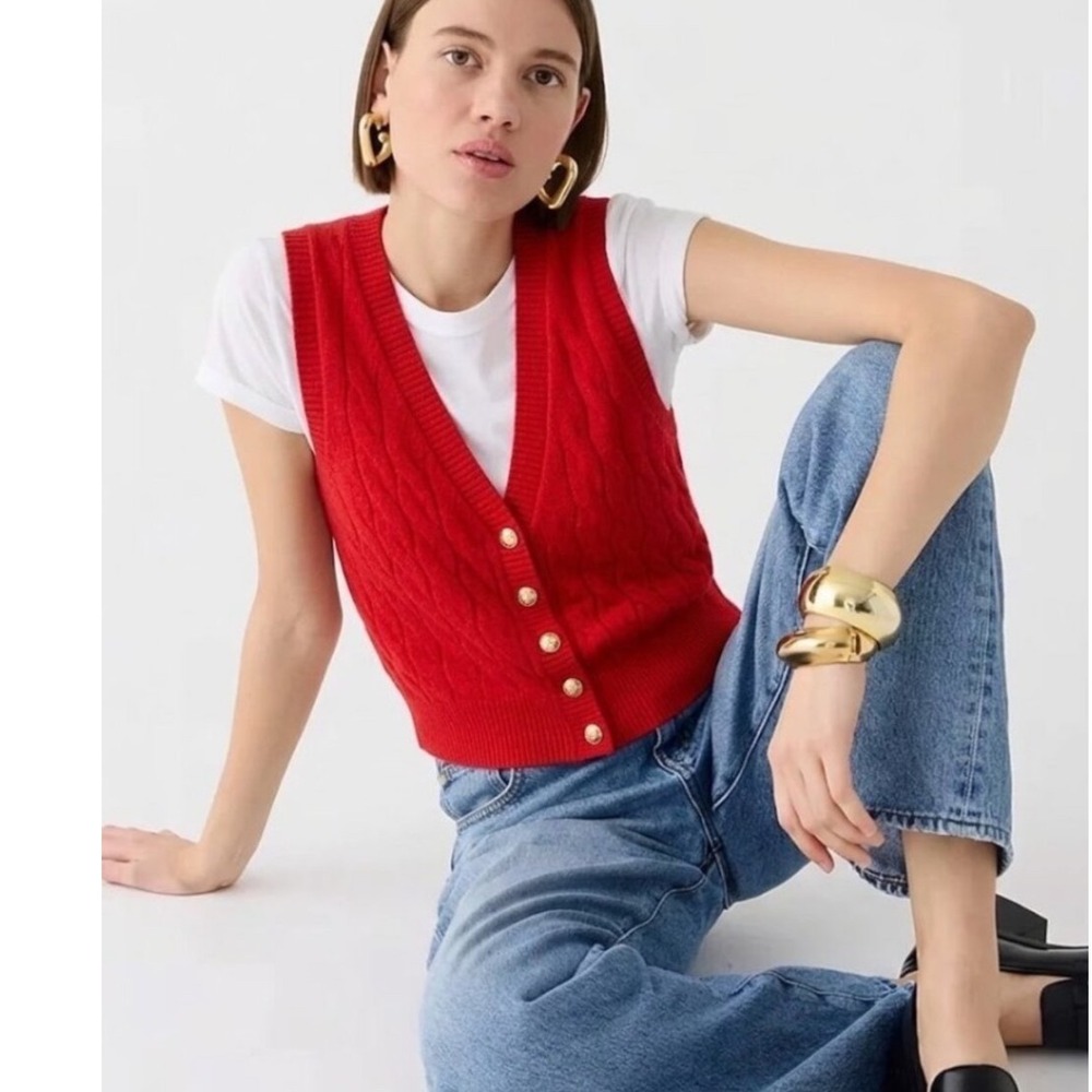 J.Crew Red Cashmere Cable Knit Sweater Vest Large